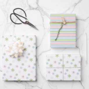 Cute Simple Soft Pastel Floral & Stripes Wrapping Paper Sheet