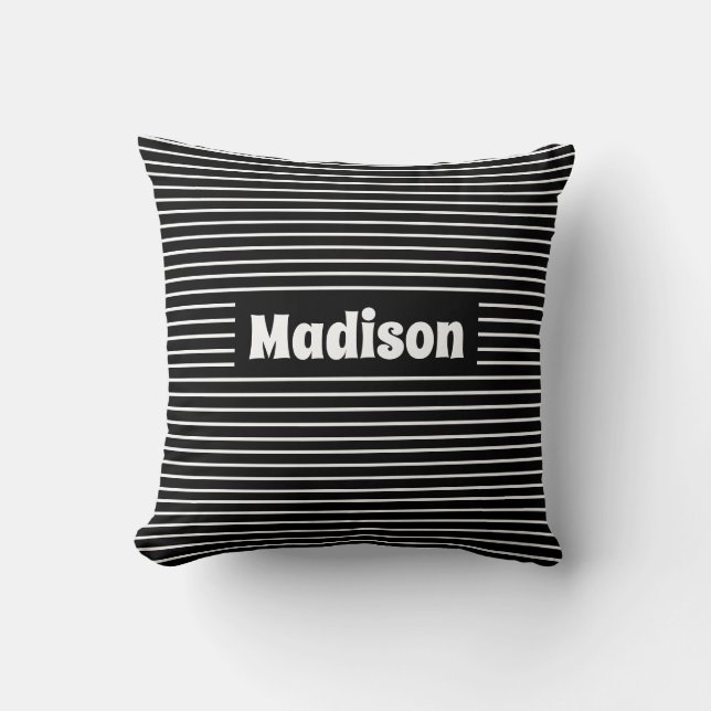 Cute Simple Stripes Black and White Custom Name Cushion (Front)
