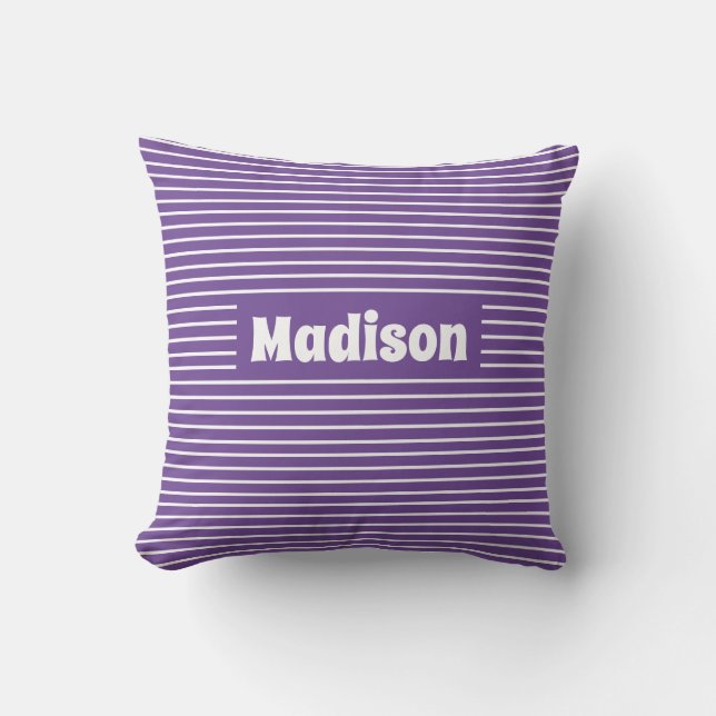Cute Simple Stripes Purple and White Custom Name Cushion (Front)