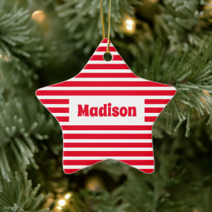 Cute Simple Stripes Red and White Name Star Ceramic Tree Decoration
