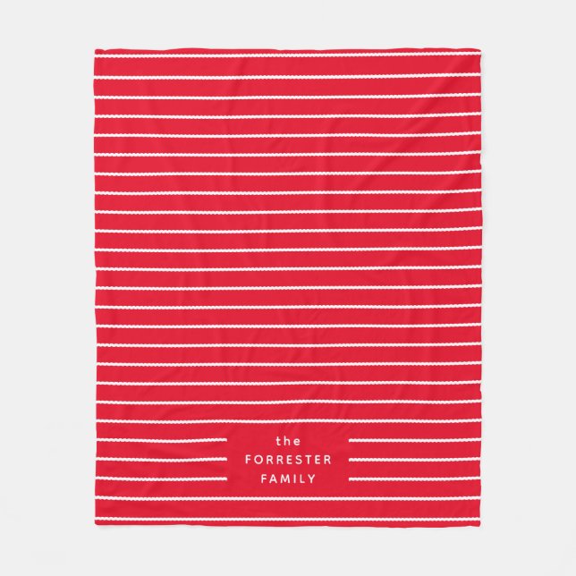 Cute simple stripes red white last name fleece blanket (Front)