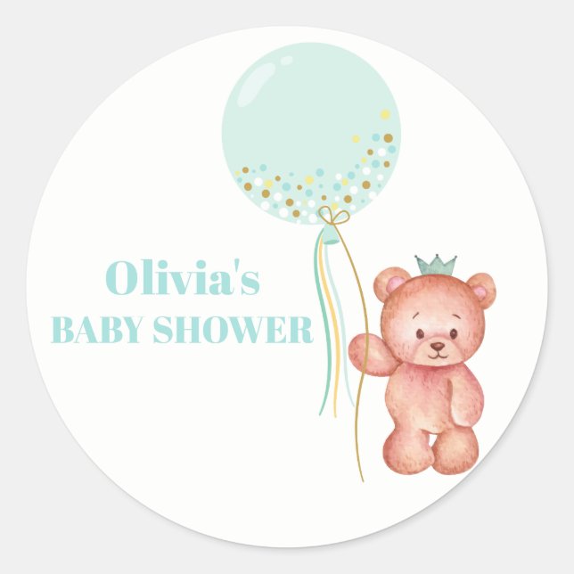 Cute Simple Teddy Bear Balloon Baby Shower Classic Round Sticker (Front)