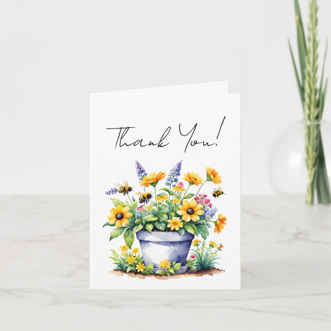 Cute simple thank you watercolor Bees & flowers Card (Front)