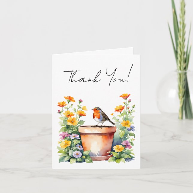 Cute simple thank you watercolor robin & flowers (Front)