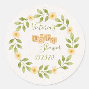 Cute Simple Watercolor Wreath Baby Shower Invite  Classic Round Sticker
