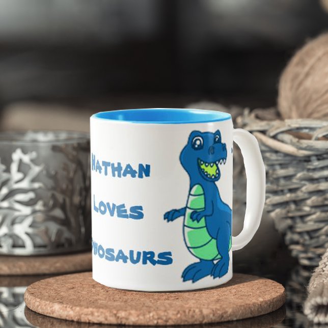 Cute Simple White Blue Paw Name Dinosaur Two-Tone Coffee Mug (Creator Uploaded)