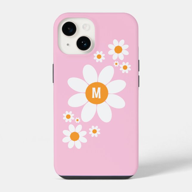 Cute Simple White Daisy Design Soft Pink Initial iPhone Case (Back)