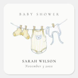 Cute Simple Yellow Baby Clothesline Baby Shower Square Sticker