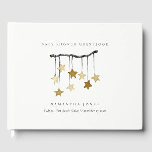 Cute Simple Yellow Neutral Star Mobile Baby Shower Guest Book