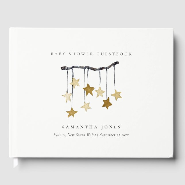 Cute Simple Yellow Neutral Star Mobile Baby Shower Guest Book (Front)