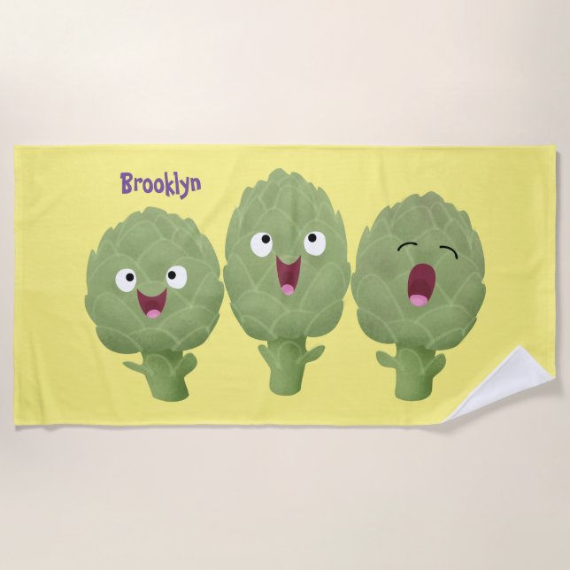 Cute singing artichokes vegetable cartoon beach towel (Front)