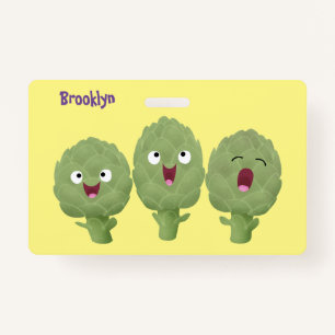 Cute singing artichokes vegetable cartoon ID badge
