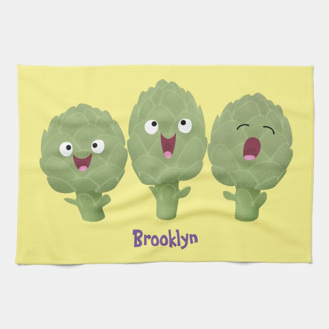 Cute singing artichokes vegetable cartoon tea towel (Horizontal)
