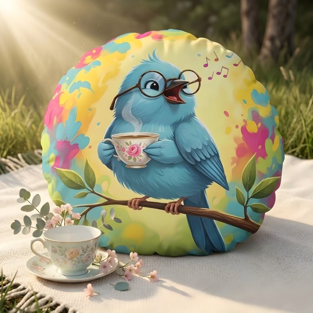 Cute Singing Blue Bird Round Pillow  (Creator Uploaded)