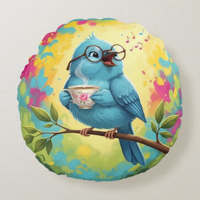 Cute Singing Blue Bird Round Pillow  (Front)