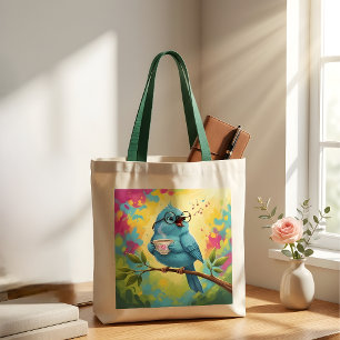 Cute Singing Blue Bird Tote Bag Cosy Coffee Love