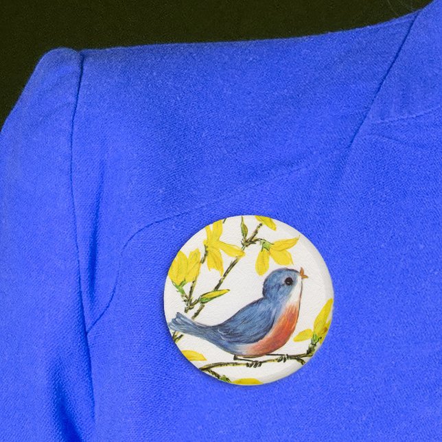 Cute Singing Blue Bird Tree 6 Cm Round Badge (Pretty red blue bird on branch with pretty yellow flowers on textured white pin back button.)