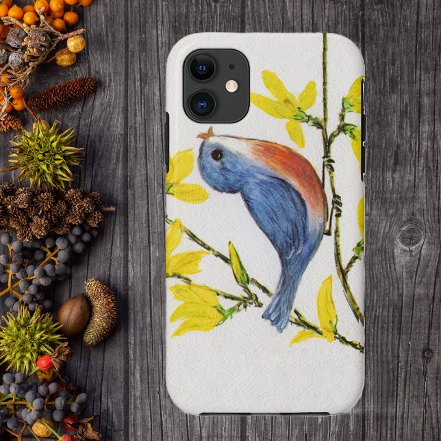 Cute Singing Blue Bird Tree Branch Case-Mate iPhone Case (Pretty blue and red bird singing on branch with yellow flowers on faux textured white phone case.)