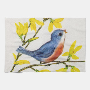 Cute Singing Blue Bird Tree Branch Tea Towel