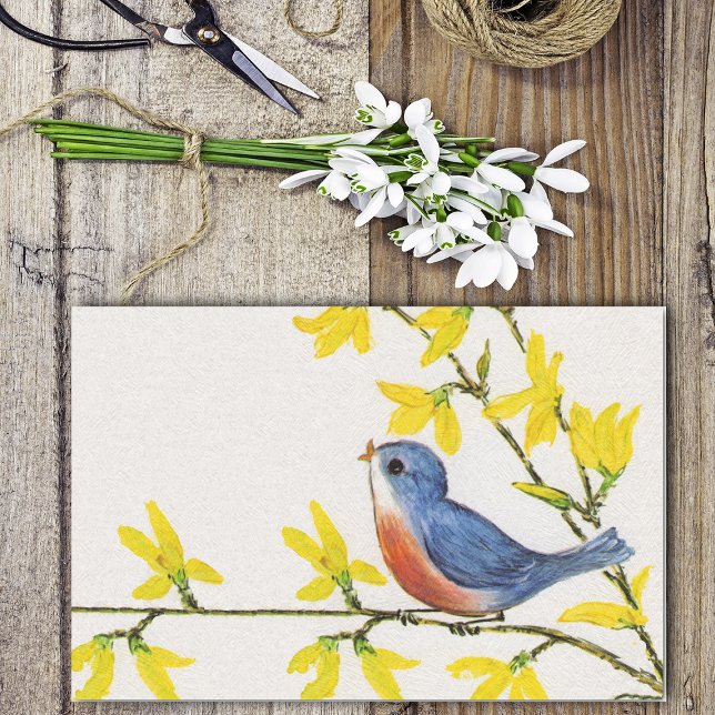 Cute Singing Blue Bird Tree Branch Tissue Paper (Cute singing blue red bird on branch yellow flowers on textured look white tissue wrap paper.)
