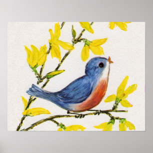 Cute Singing Blue Bird Tree Poster