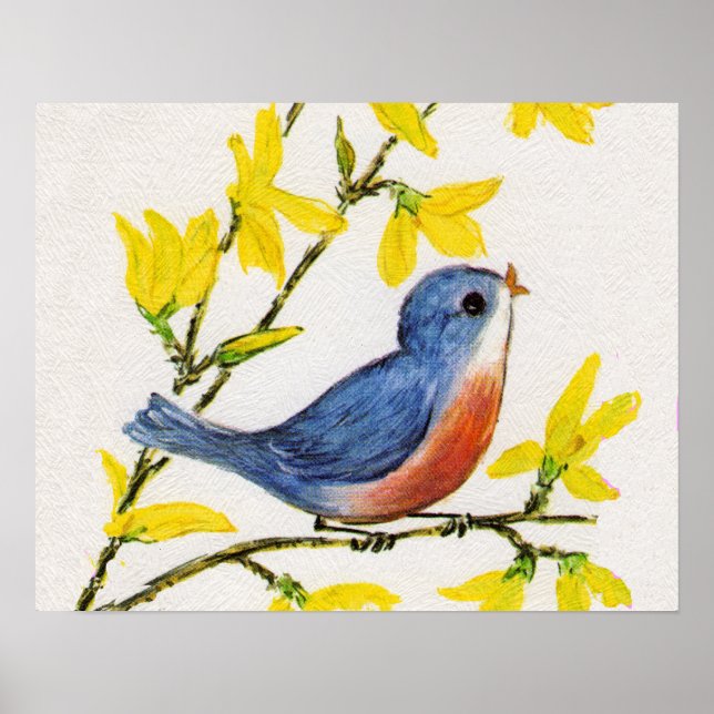 Cute Singing Blue Bird Tree Poster (Front)