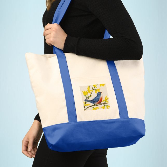 Cute Singing Blue Bird Tree Tote Bag (Singing blue red bird on branch with pretty yellow flowers on white and blue tote bag.)