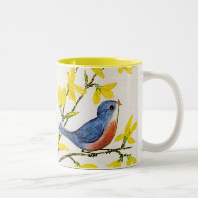 Cute Singing Blue Bird Tree Two-Tone Coffee Mug (Right)