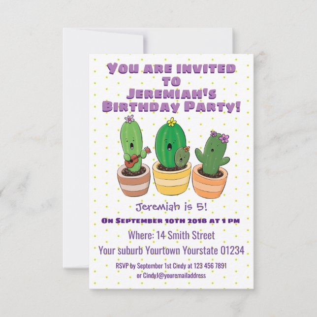 Cute singing cactus trio cartoon illustration invitation (Front)