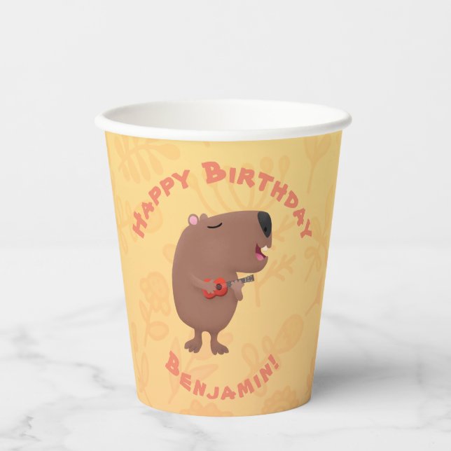 Cute singing capybara personalised birthday paper cups (Front)