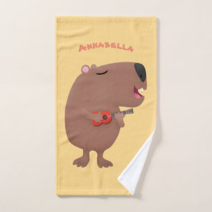 Cute singing capybara ukulele cartoon illustration bath towel set