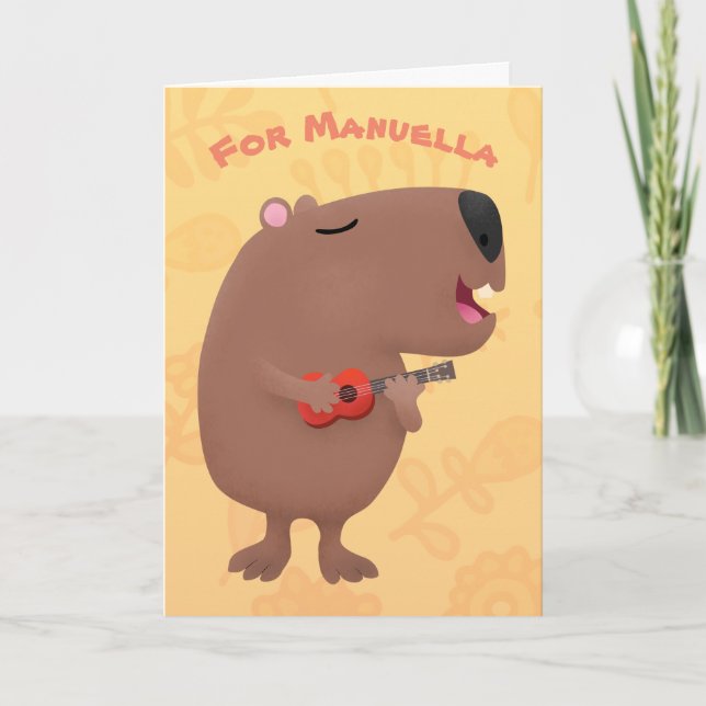 Cute singing capybara ukulele cartoon illustration card (Front)