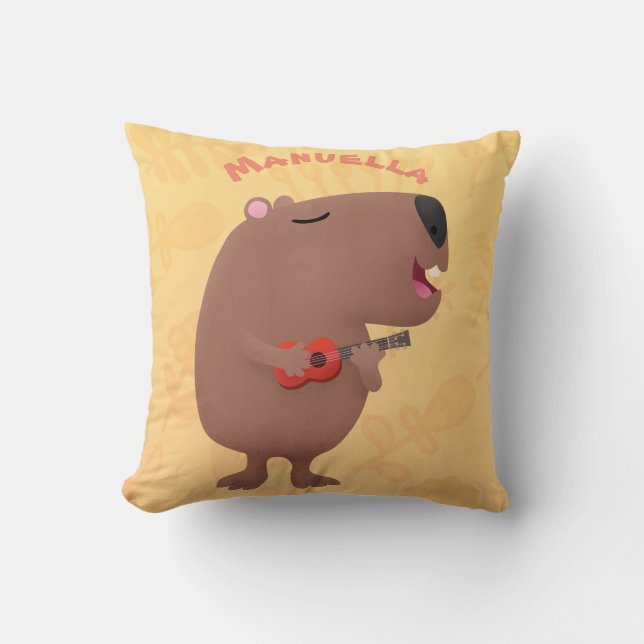 Cute singing capybara ukulele cartoon illustration cushion (Front)