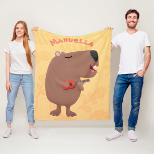 Cute singing capybara ukulele cartoon illustration fleece blanket