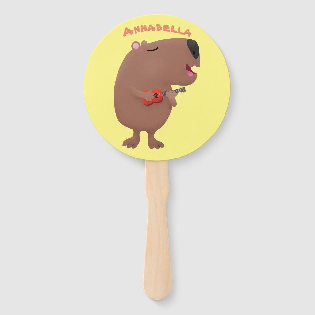 Cute singing capybara ukulele cartoon illustration hand fan (Front)