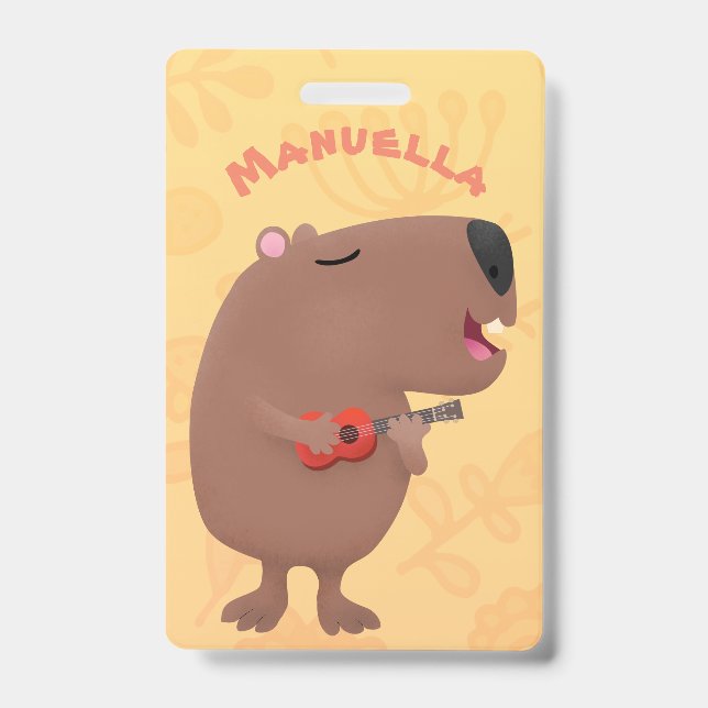 Cute singing capybara ukulele cartoon illustration ID badge (Front)