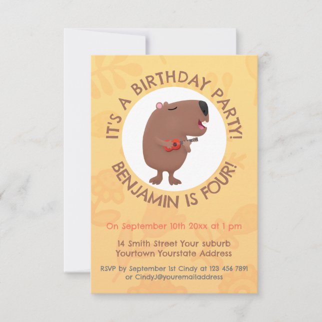 Cute singing capybara ukulele cartoon illustration invitation (Front)