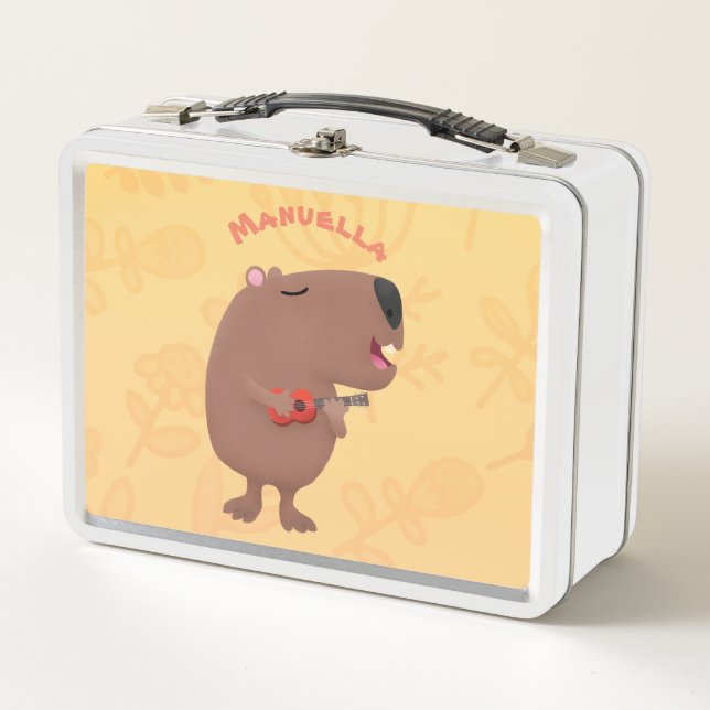 Cute singing capybara ukulele cartoon illustration metal lunch box (Front)