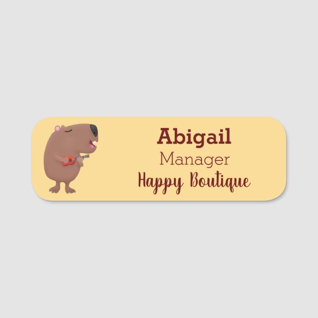 Cute singing capybara ukulele cartoon illustration name tag (Front)