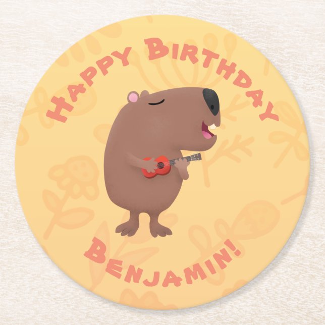 Cute singing capybara ukulele cartoon illustration round paper coaster (Front)