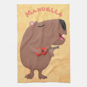 Cute singing capybara ukulele cartoon illustration tea towel