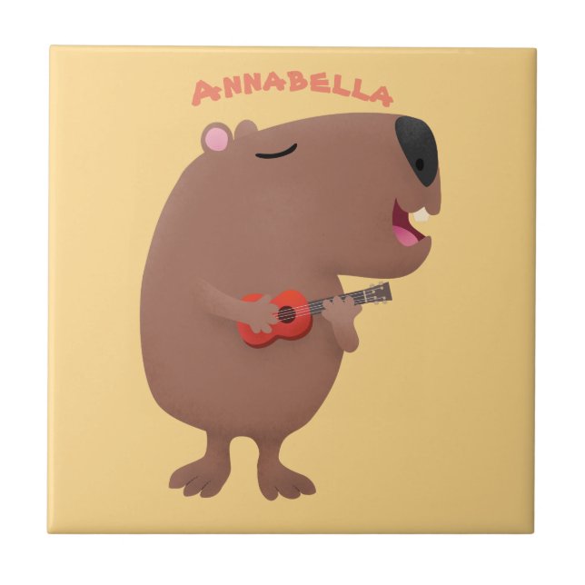 Cute singing capybara ukulele cartoon illustration tile (Front)