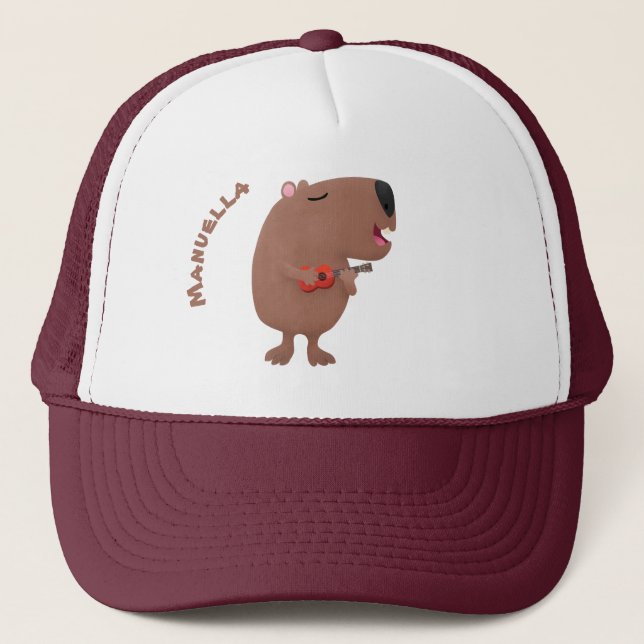 Cute singing capybara ukulele cartoon illustration trucker hat (Front)