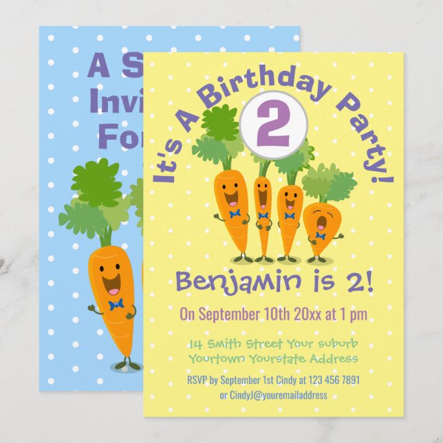 Cute singing carrots cartoon illustration invitation (Front/Back)