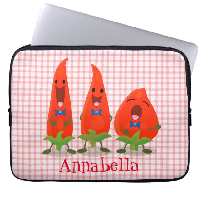 Cute singing chili peppers cartoon illustration laptop sleeve (Front)