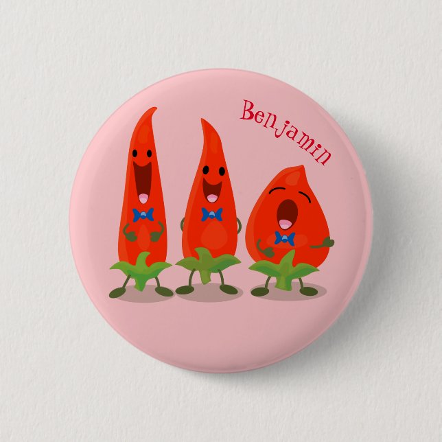 Cute singing chilli peppers cartoon illustration 6 cm round badge (Front)
