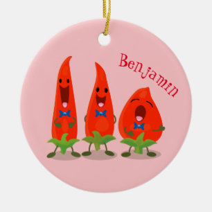 Cute singing chilli peppers cartoon illustration ceramic tree decoration