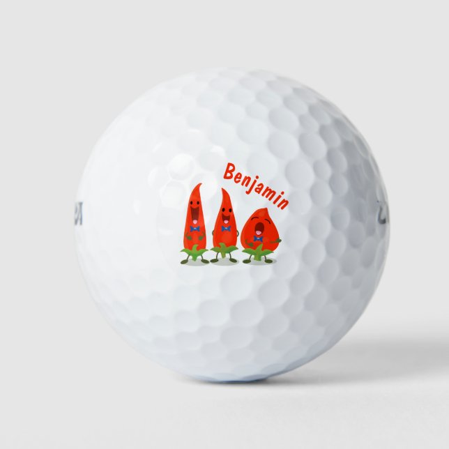Cute singing chilli peppers cartoon illustration golf balls (Front)