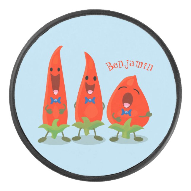 Cute singing chilli peppers cartoon illustration hockey puck (Front)