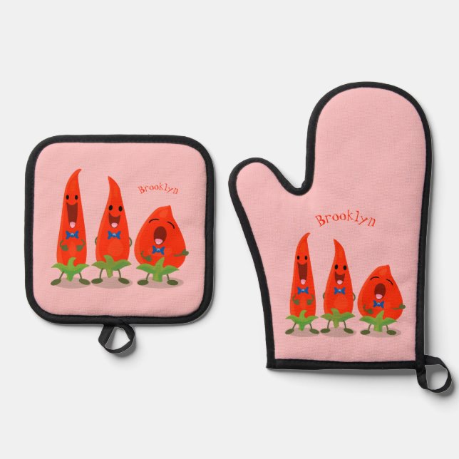 Cute singing chilli peppers cartoon illustration oven mitt & pot holder set (Front)